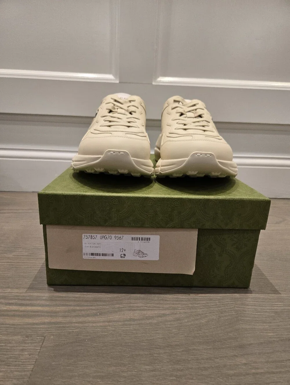 $990 GUCCI Rhyton Interlocking G Ivory/Blue Leather Sneakers UK 12.5 US 13 EU 46